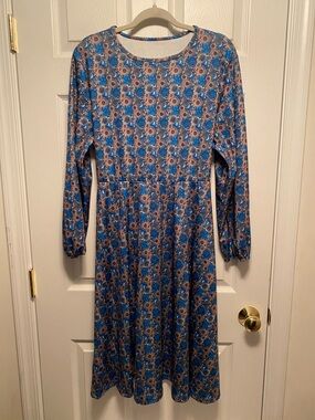 Blue Floral Long-Sleeve Fit & Flare Dress…size XL